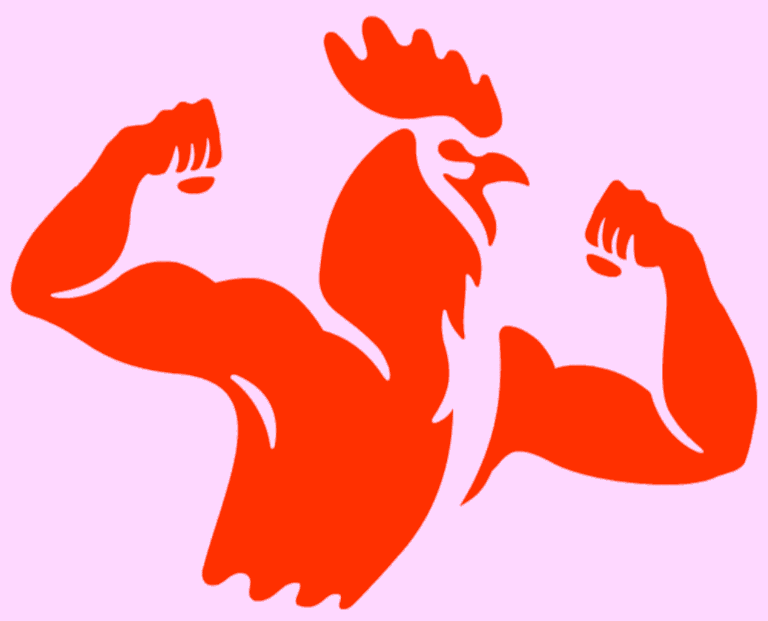 Buffy Chicken animation of flexing muscles in red.