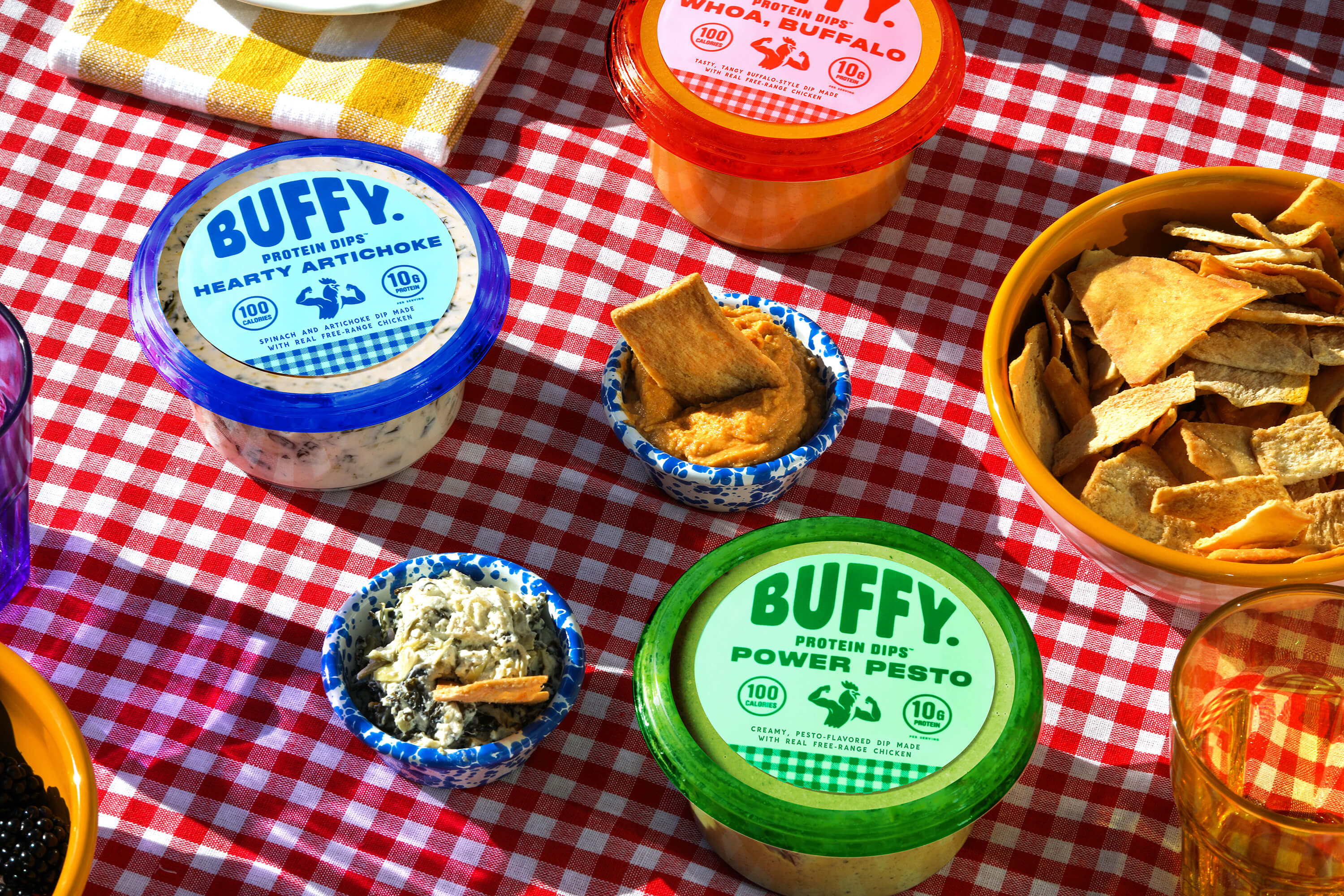 A picnic blanket with all three Buffy Protein Dip flavors, including Whoa, Buffalo, Hearty Artichoke and Power Pesto. The dip is in small containers with a bowl of pita chips next to them.