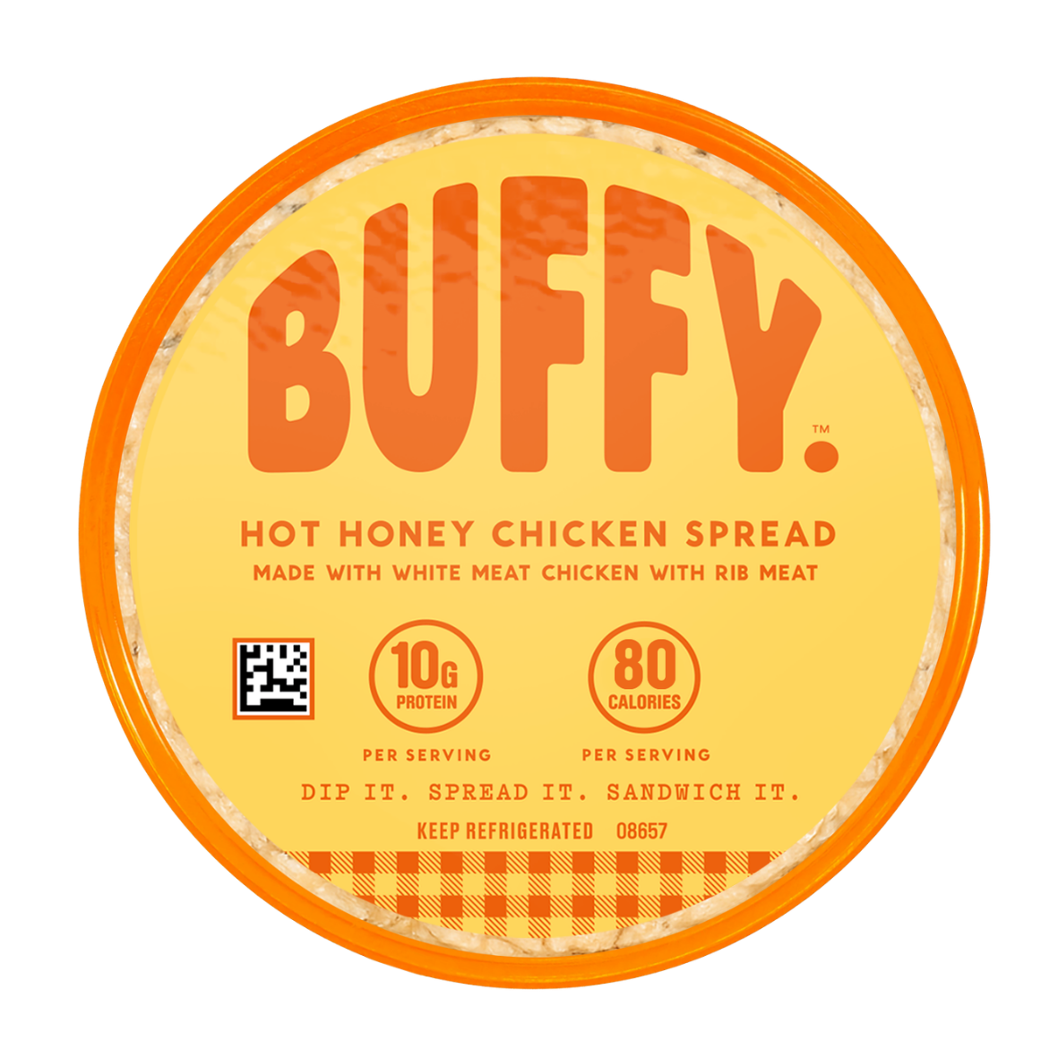 A round container of BUFFY. Hot Honey Chicken Spread, featuring a bright orange rim and a pale yellow label with bold orange text and nutritional callouts.