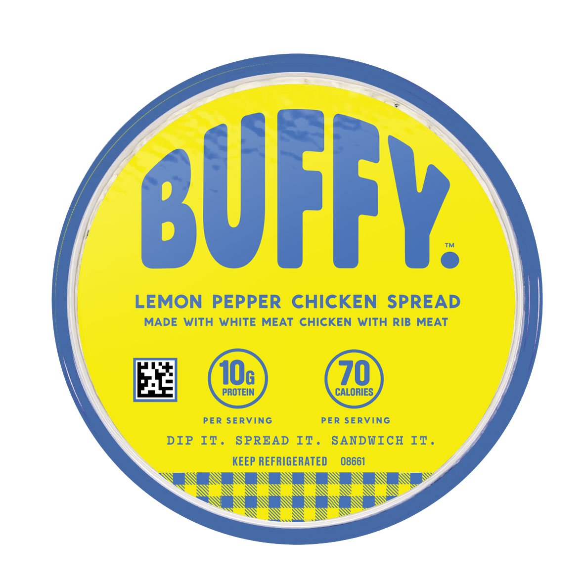 A round container of BUFFY. Lemon Pepper Chicken Spread, featuring a bright yellow label with blue text and a blue outer rim on a white background.