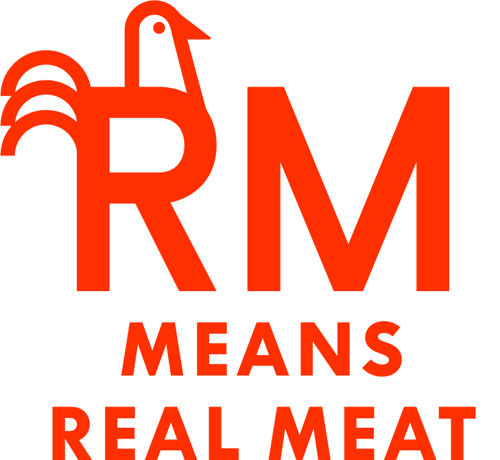 RM Means Real Meat. There is a chicken illustration poking out of the R.